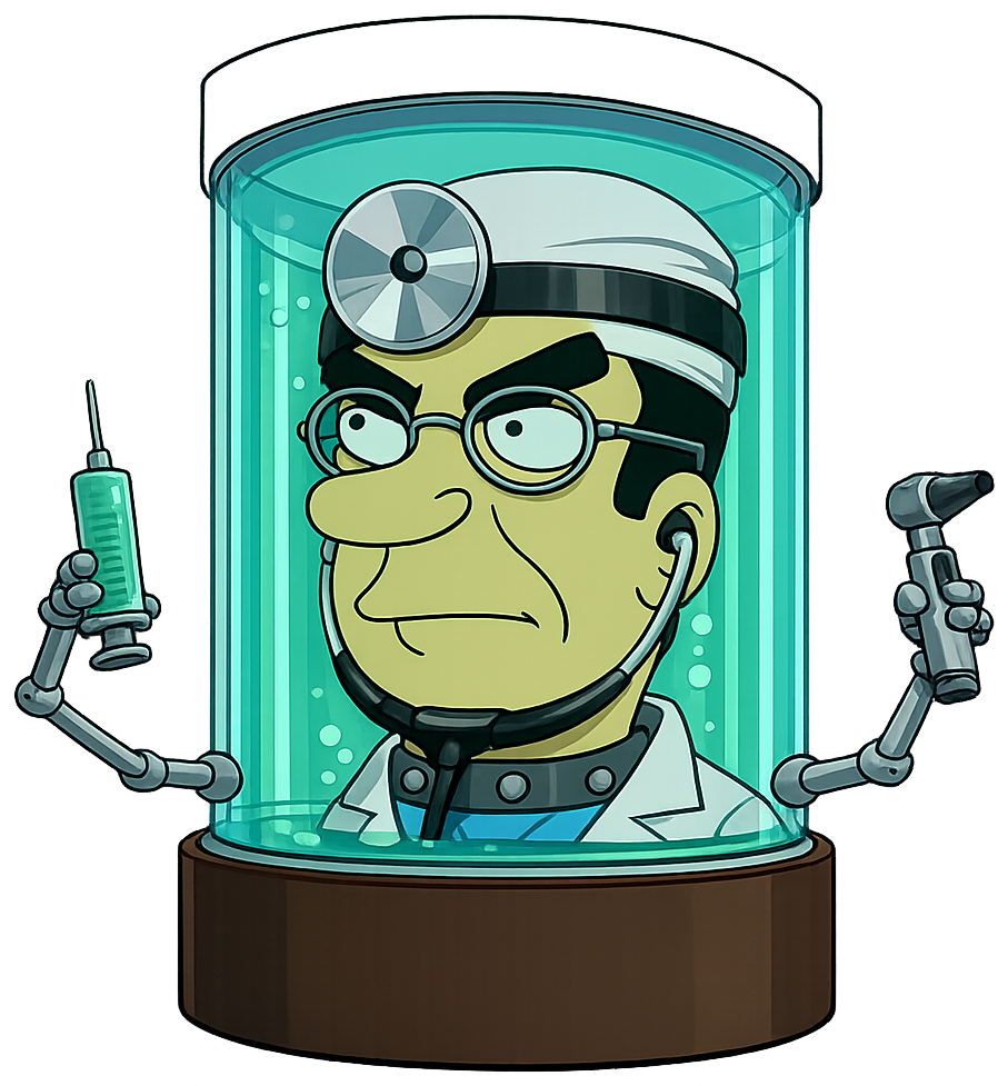 The head in a jar dressed as a doctor